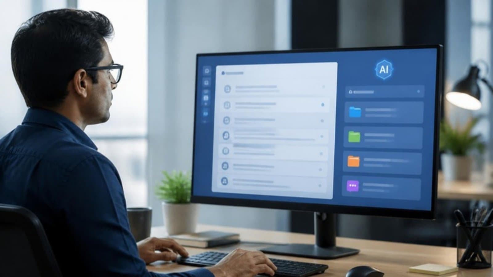 Operations professional reviewing an AI agent that sorts emails and invoices