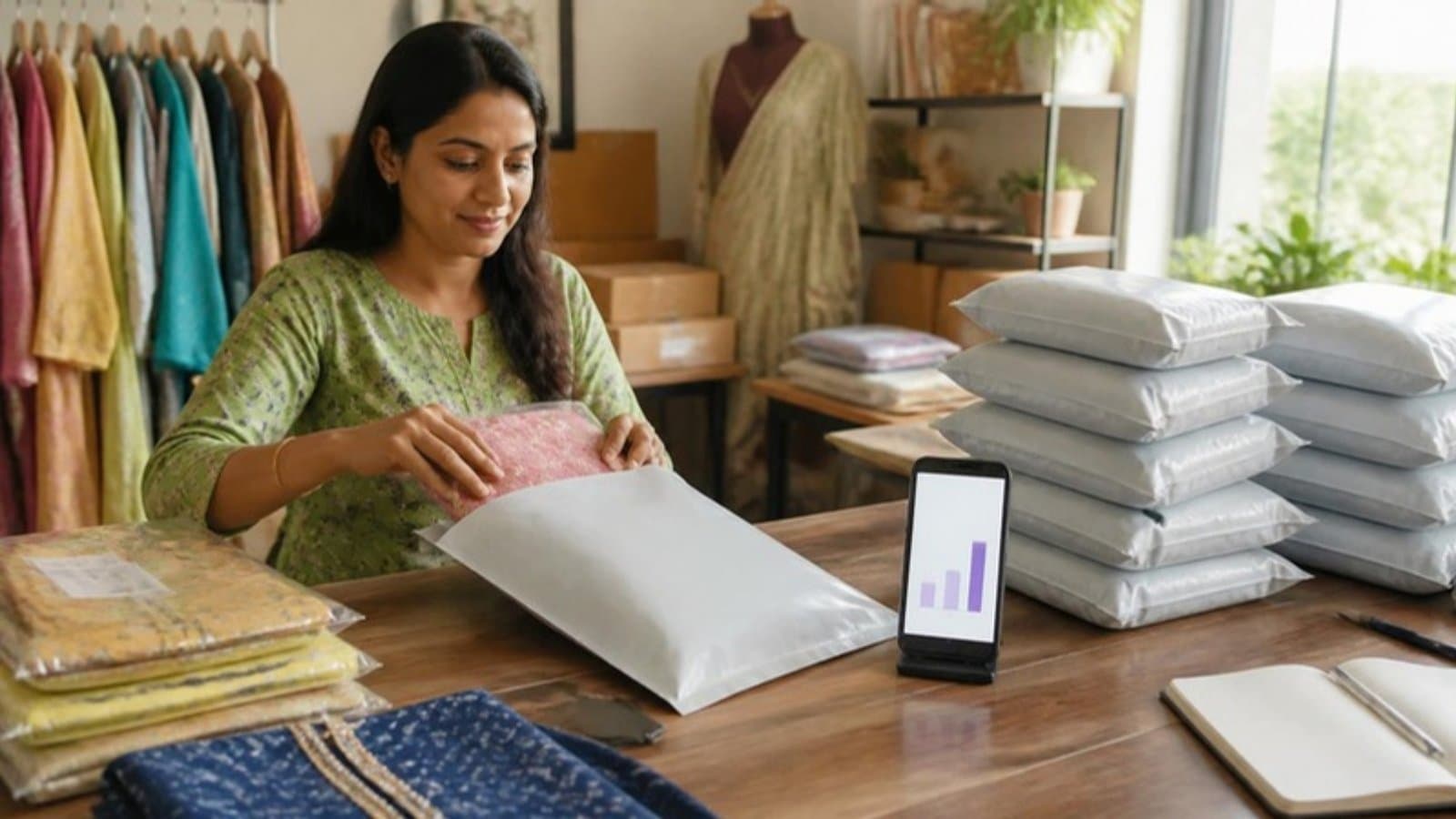 Indian seller packing Meesho orders at a home workspace