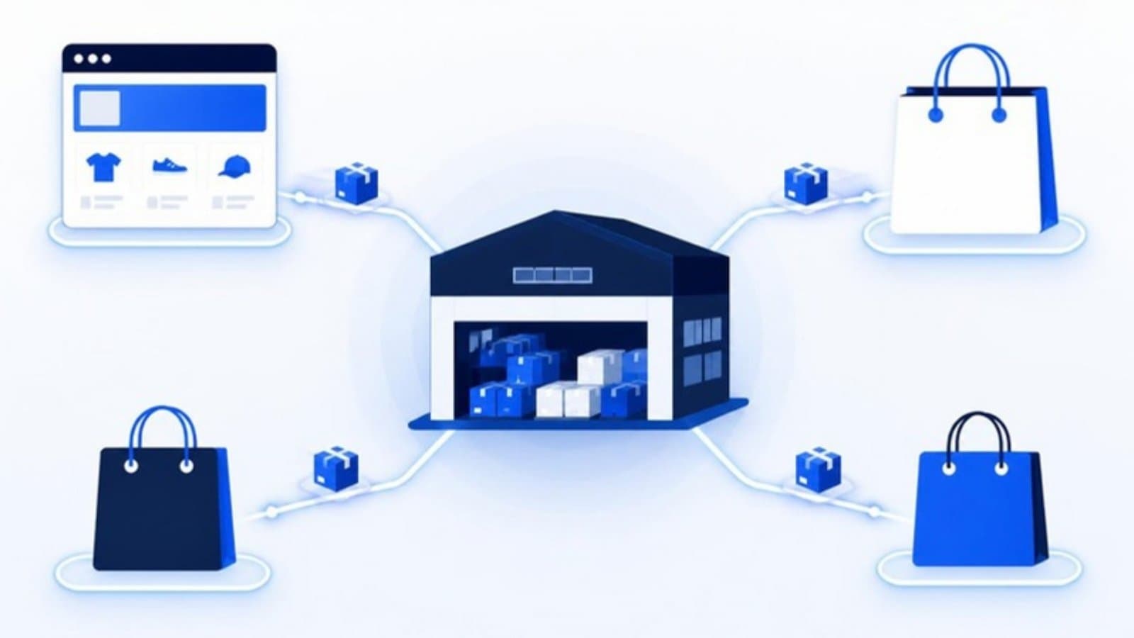 Warehouse connected to a website and several online marketplaces